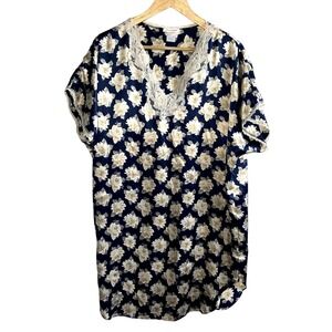 VTG Barbizon Satin Night Gown Women Size Medium Vintage Blue Floral Satin *